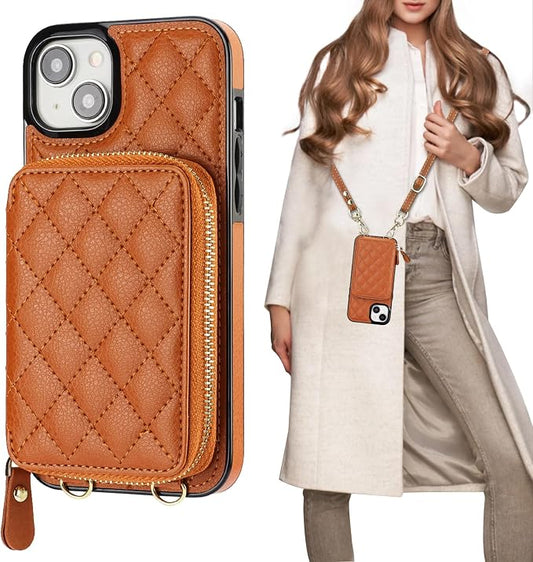 Bocasal Crossbody Wallet Case for iPhone 15 Plus, RFID Blocking PU Leather Zipper Handbag Purse Flip Cover, Kickstand Folio Case with Card Slots Holder Wrist Strap Lanyard 5G 6.7 Inch (Brown)