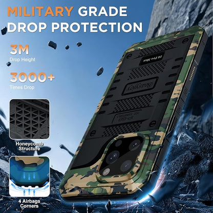 Beasyjoy for iPhone 16 Pro Max Case Waterproof, Metal Heavy Duty Full Body Protective Case with Built-in Screen Protector, Military Grade Shockproof Defender Cover for iPhone 16 Pro Max 6.9", Camo