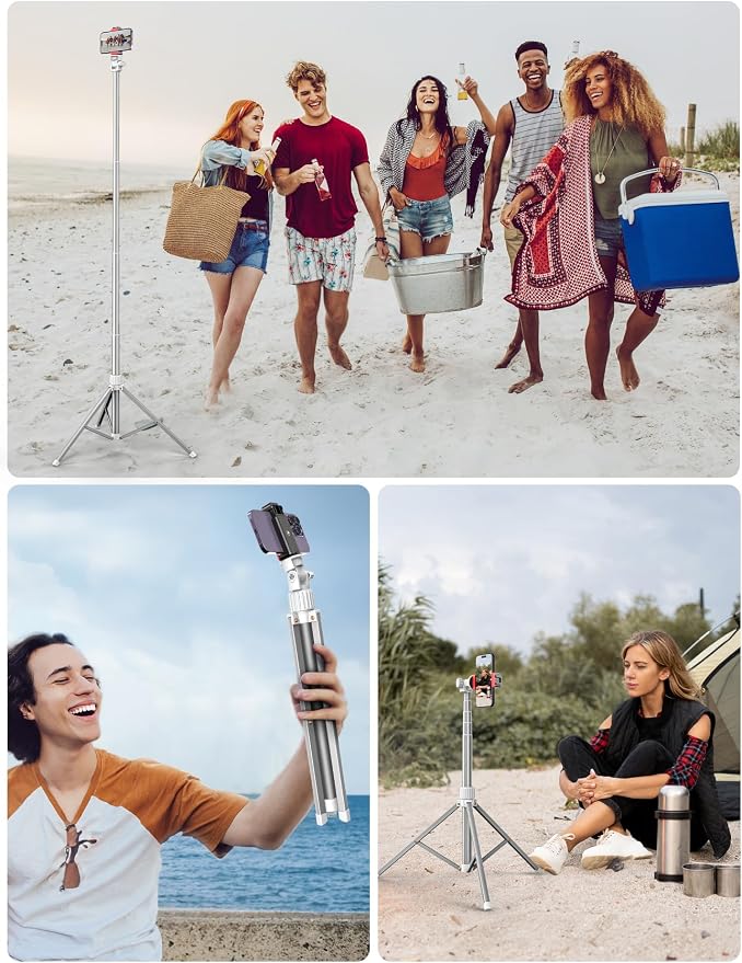 71'' Phone Tripod Stand, Extendable Reinforced Aluminum Phone Stand with Wireless Remote, Stable Cellphone Tripod Compatible with iPhone 14/13/12 Galaxy S23/S22 Huawei (White)