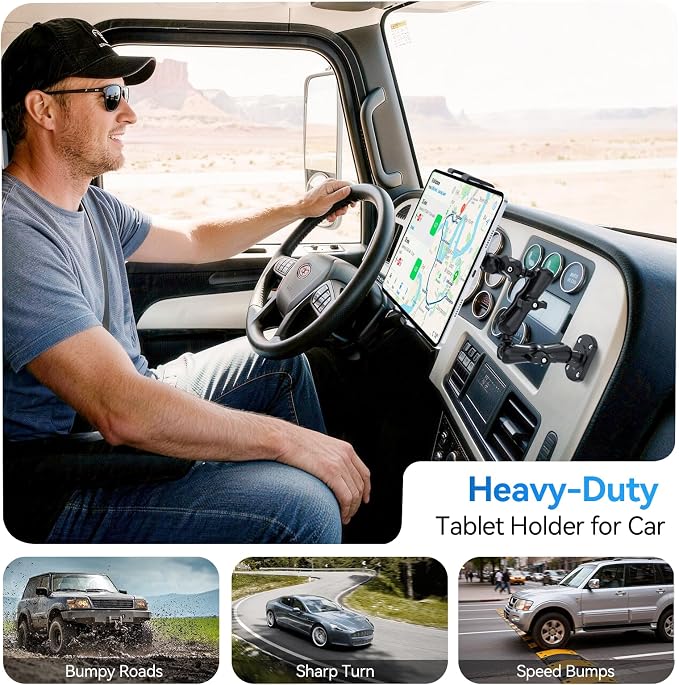 OHLPRO Heavy Duty Drill Base Tablet Mount for Car & Truck Dashboard Holder with 360° Adjustable 3-Stage Arm for 5-13" iPads Tablets & Phones Kindle, Mounting for Commercial Vehicles Boat Wall Desk