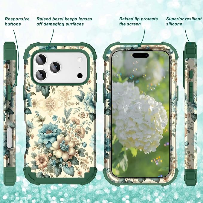 Hocase for iPhone 17 Pro Max Case, Heavy Duty Shockproof Protection Soft Silicone Rubber+Hard Plastic Bumpers Hybrid Protective Case for iPhone 17 Pro Max 2025 - Teal Blue Flowers