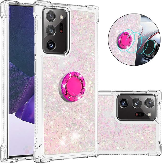 Transparent Liquid Case for Galaxy Note 20 Ultra with Ring Holder, Transparent Silicone Phone Case Glitter Floating Liquid Cover Bumper Case Anti Yellowing compatible with Samsung Galaxy Note 20 Ultra