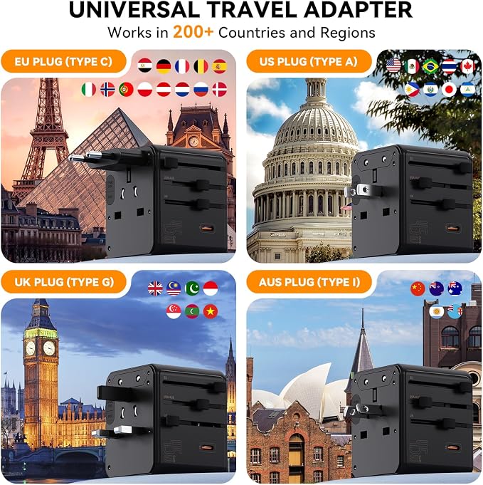 Auxmir Universal Travel Adapter, 45W PD Fast Charging Travel Plug Adapter with 2 USB-A and 3 USB-C Ports，International Adapter for EU, USA, UK, Asia, Worldwide Use, Black