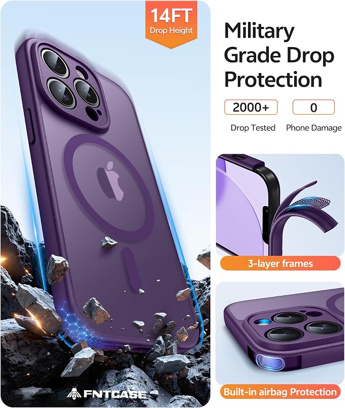 FNTCASE for iPhone 13 Pro Max Case, Fit for Magsafe, Full Camera Protection | Translucent Matte Magnetic Phone Back, 14FT Military Grade Drop Proof, Slim Shockproof Protective Cover, Purple