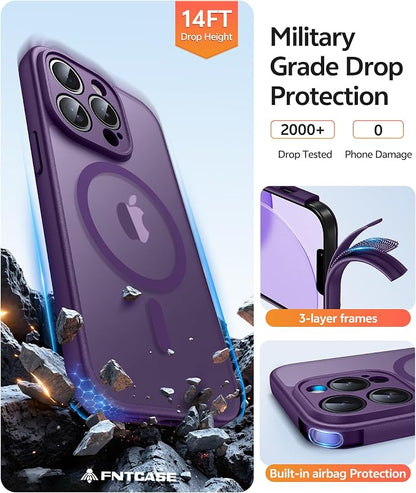 FNTCASE for iPhone 13 Pro Max Case, Fit for Magsafe, Full Camera Protection | Translucent Matte Magnetic Phone Back, 14FT Military Grade Drop Proof, Slim Shockproof Protective Cover, Purple