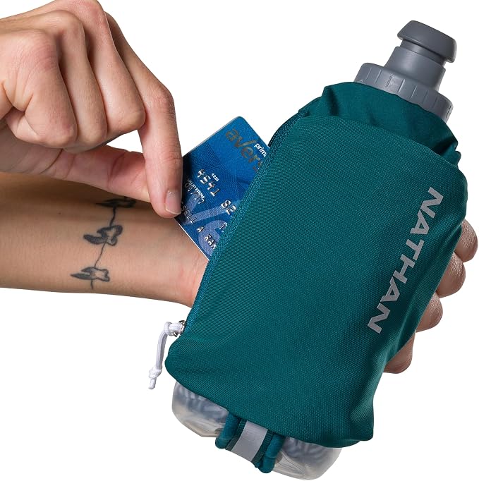 Nathan SpeedDraw 2 Insulated Handheld Running Water Bottle Flask – Double-Wall Insulation, Ergonomic Grip, Blast Valve Cap, Phone & Key Storage Pockets, Reflective Design, 12oz Insulated - Deep Teal