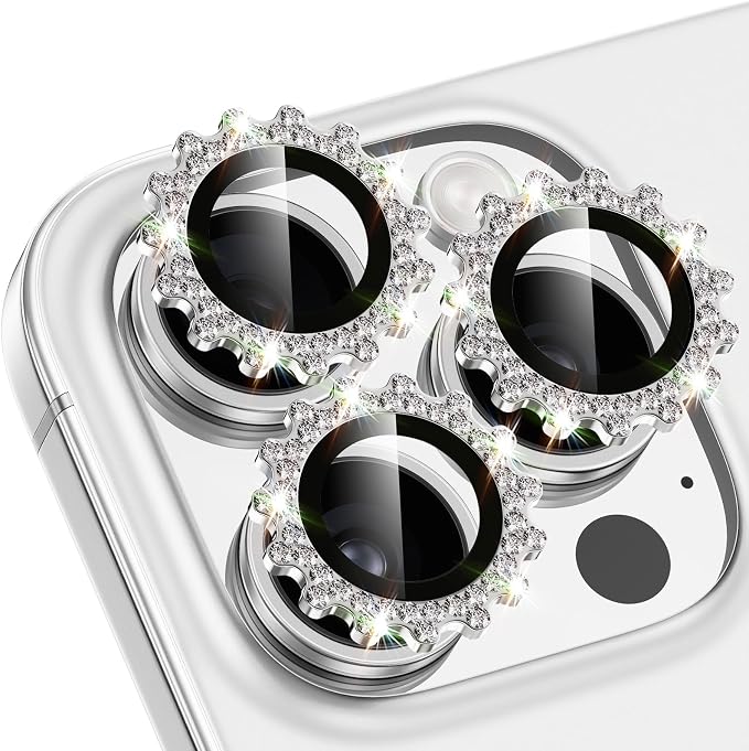 Xfilm for iPhone 16 Pro/16 Pro Max Camera Lens Protector Bling Individual Gear Design Diamond Ring 9H Hardness Scratchproof Protector, Stylish Phone Accessories, Case Friendly (Silver)
