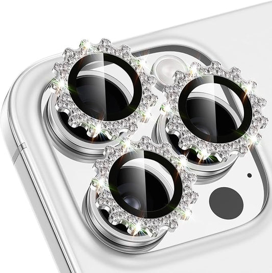 Xfilm for iPhone 16 Pro/16 Pro Max Camera Lens Protector Bling Individual Gear Design Diamond Ring 9H Hardness Scratchproof Protector, Stylish Phone Accessories, Case Friendly (Silver)