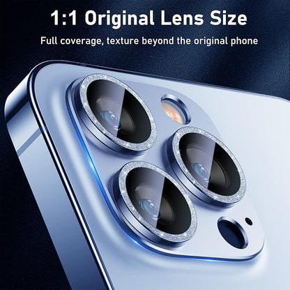 UniqueMe for iPhone 13 Pro/iPhone 13 Pro Max Camera Lens Protector, Metal Ring Tempered Glass Rear Camera Screen Cover - Light Blue (Bling Circle)