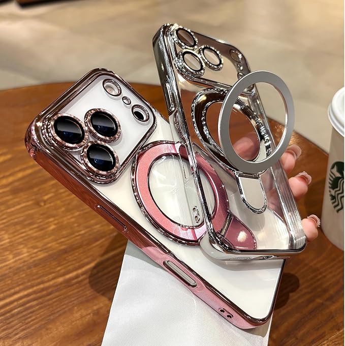 LXK Magnetic Invisible Stand for iPhone 17 Pro Max Case 6.9" Compatible with MagSafe, Military-Grade Protection, with Camera Protector, Clear Scratch-Resistant Back Cover for 17 ProMax, Silver