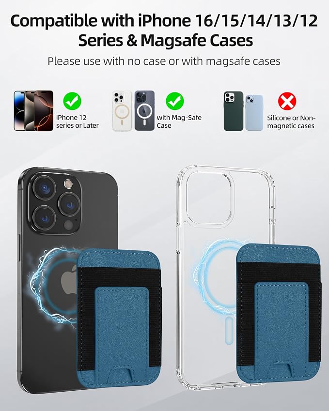 ExtreLife Upgraded for Magsafe Wallet, Strongest Magnetic Wallet for iPhone 17/16/15/14/13/12 Series, Magnetic Phone Card Holder, 2 Card Slots, Vegan Leather, Fit 7 Cards, Dark Blue Green
