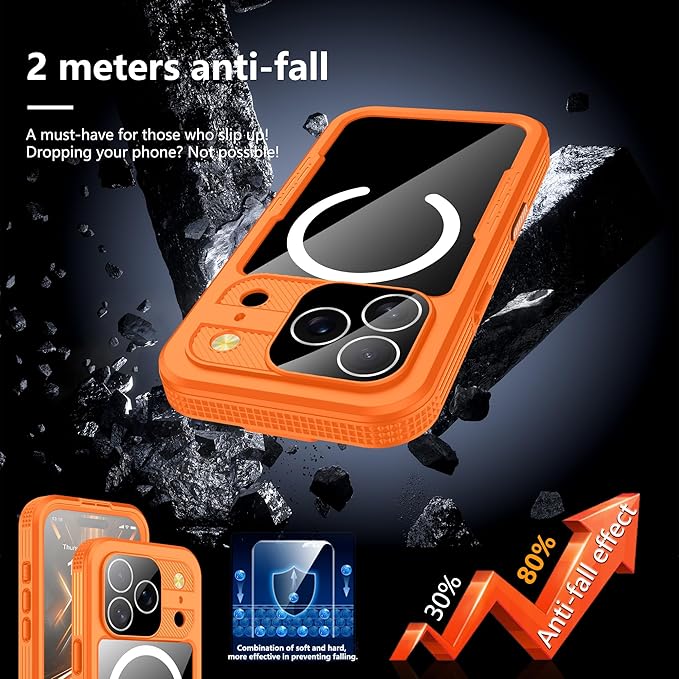 GOLDJU Magnetic for iPhone 17 Pro Case-Waterproof, Built-in Screen & Camera Protector-IP68 Underwater Full Body 16FT Military Dropproof Shockproof Case for 17 Pro 6.3''- Orange