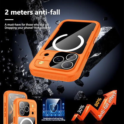 GOLDJU Magnetic for iPhone 17 Pro Case-Waterproof, Built-in Screen & Camera Protector-IP68 Underwater Full Body 16FT Military Dropproof Shockproof Case for 17 Pro 6.3''- Orange