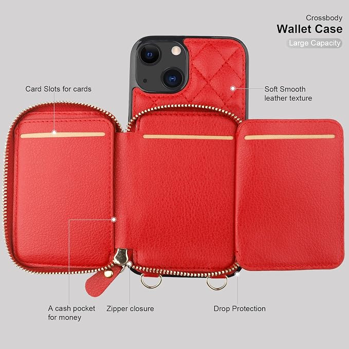 Bocasal Crossbody Wallet Case for iPhone 13, RFID Blocking PU Leather Zipper Handbag Purse Flip Cover, Kickstand Folio Case with Card Slots Holder Wrist Strap Lanyard 5G 6.1 Inch (Red)