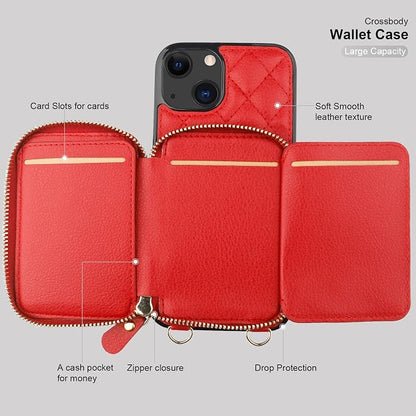 Bocasal Crossbody Wallet Case for iPhone 13, RFID Blocking PU Leather Zipper Handbag Purse Flip Cover, Kickstand Folio Case with Card Slots Holder Wrist Strap Lanyard 5G 6.1 Inch (Red)