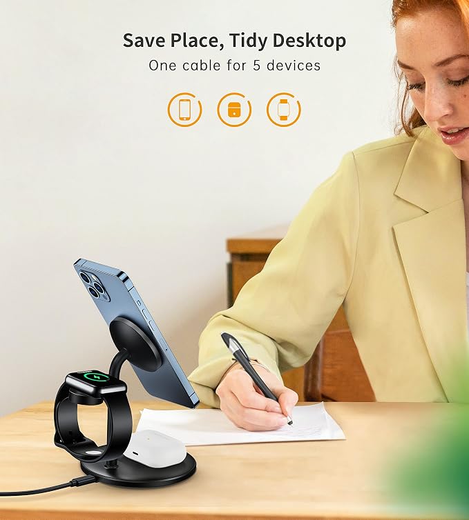 XooFly 3 in 1 Wireless Charging Station for Apple Devices, Fast Wireless Mag-Safe Charger Stand with 20W Adapter for iPhone 17/16 15 14 13 12 Pro Max/Pro/Plus/Air/Mini, iWatch, AirPods (Black)