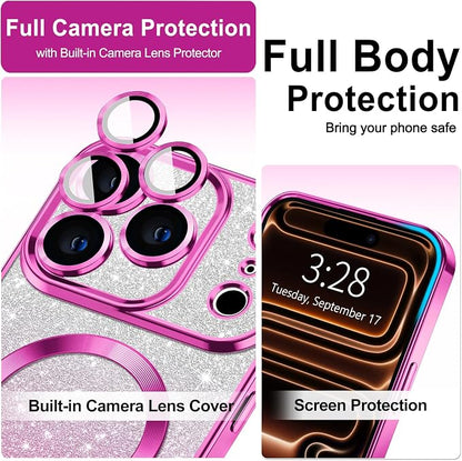 Hython for iPhone 17 Pro Max Case Glitter Clear Magnetic Phone Cases [Compatible with MagSafe] Full Camera Lens Protector Sparkle Luxury Plating Slim Shockproof Protective Cover, Gradient Hot Pink