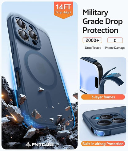 FNTCASE for iPhone 16 Pro Max Case: [Compatible with Magsafe] Translucent Matte Cases with [Full Camera Protection] [Screen Protector] Military Grade Shockproof Protective Phone Cover - Blue