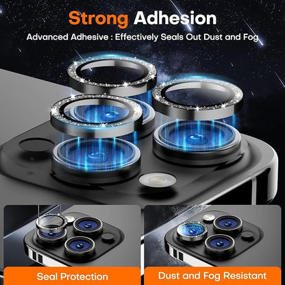Camera Lens Protector for iPhone 17 Pro Max/17 Pro/16 Pro Max/16 Pro/15 Pro Max/15 Pro/14 Pro Max/14 Pro,Tempered Glass Metal Individual Camera Cover[Anti-drop] Case Friendly- Glitter Black