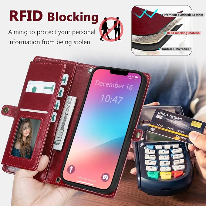 Wallet Case for iPhone 13 Pro Max with Card Holder/Crossbody Wallet/Strap| RFID Blocking | Magnetic | Kickstand | Detachable | PU Leather Phone Case for iPhone 13 Pro Max,6.7 in,Wine Red