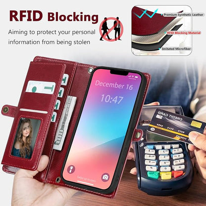Wallet Case for iPhone 13 Pro Max with Card Holder/Crossbody Wallet/Strap| RFID Blocking | Magnetic | Kickstand | Detachable | PU Leather Phone Case for iPhone 13 Pro Max,6.7 in,Wine Red
