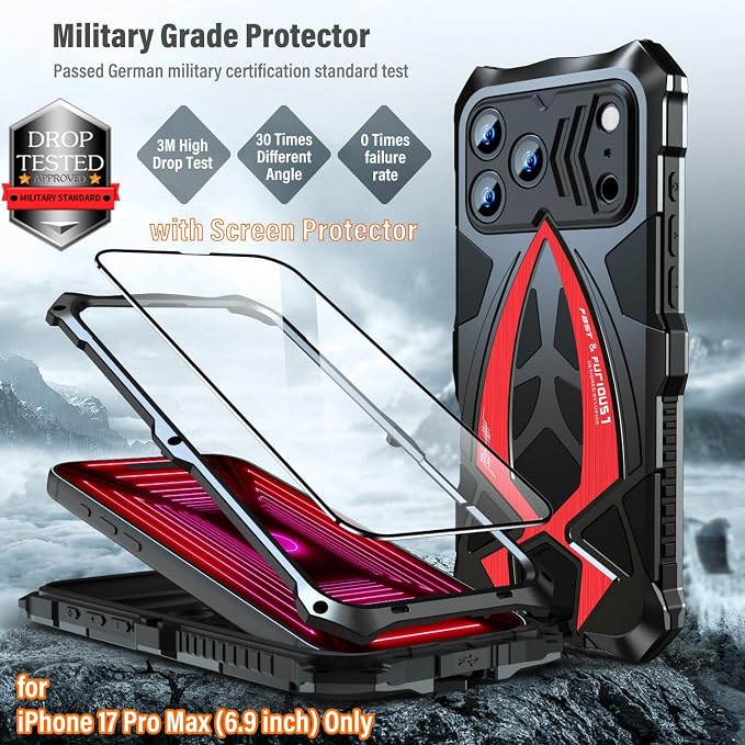 Armor Phone Case for iPhone 17 Pro Max Military Grade Cover 360 Full Protection Heavy Duty Hybrid Metal Bumper Built-in Silicone Shockproof with Screen Protector - Black