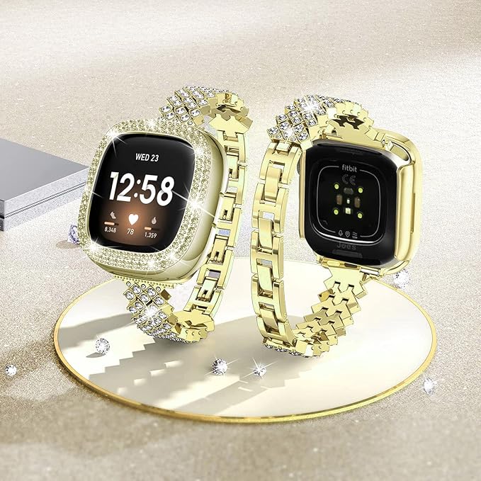 Bling Watch Band Compatible with Fitbit Versa 3/ Fitbit Sense for Women, Adjustable Crystal Alloy Strap Rhinestone Stainless Steel Metal Wristband for Fitbit Sense/Versa 3 (Gold, Versa 3/Sense)
