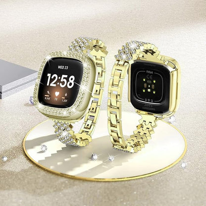 Bling Watch Band Compatible with Fitbit Versa 3/ Fitbit Sense for Women, Adjustable Crystal Alloy Strap Rhinestone Stainless Steel Metal Wristband for Fitbit Sense/Versa 3 (Gold, Versa 3/Sense)