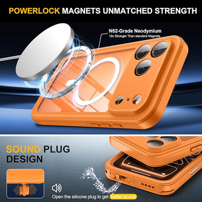 ANTSHARE for iPhone 17 Pro Max Case, Compatible with Magsafe, IP68 Waterproof Case, [Built-in Screen Protector] - 12 FT Military Dropproof - Full Body Heavy Duty Rugged Phone Cover - Orange/Clear