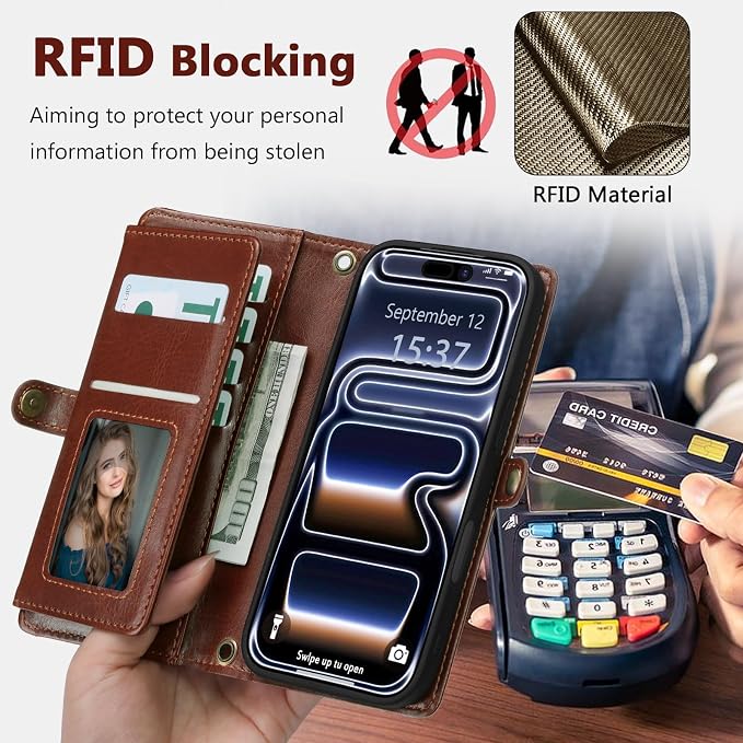 Wallet Case for iPhone 17 Pro with Card Holder/Crossbody Wallet/Strap,[RFID Blocking][Magnetic] PU Leather Phone Case for iPhone 17 Pro,6.3 in,Brown