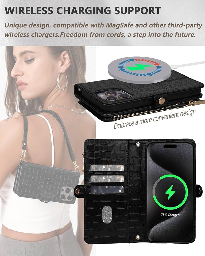 Crossbody Wallet Case for iPhone 15 Pro with Mirror, Wrist Strap, Zipper Purse Magnetic Flip RFID Blocking Card Holder, Wireless Charging, PU Leather Shockproof 6.1" Women (Black)