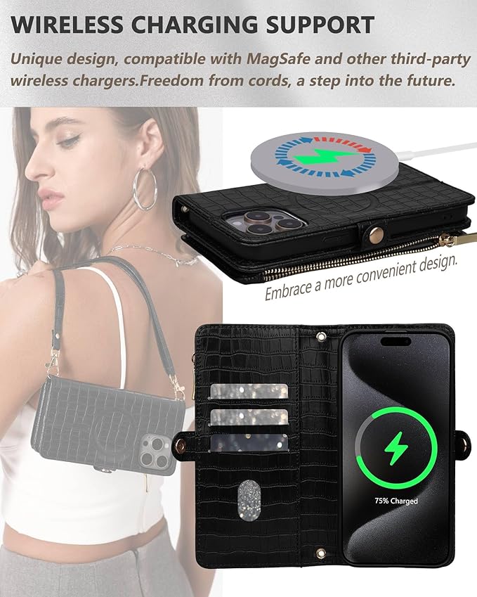 Crossbody Wallet Case for iPhone 15 Pro Max with Mirror, Wrist Strap, Zipper Purse Magnetic Flip RFID Blocking Card Holder, Wireless Charging, PU Leather Shockproof 6.7" Women (Black)