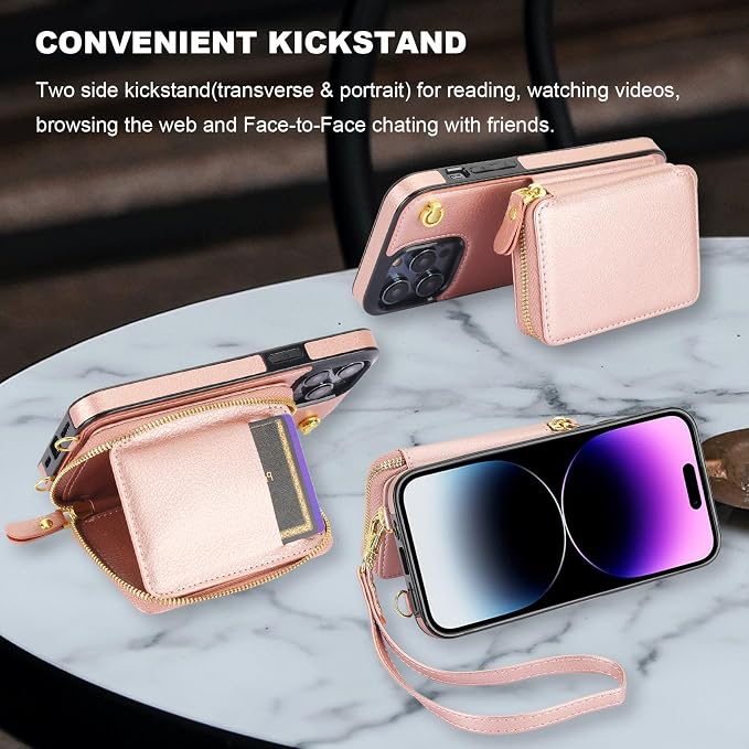 Bocasal for MagSafe Crossbody Wallet Case Compatible with iPhone 14 Pro Max, RFID Blocking Protective Purse Case with Card Slots Holder Kickstand Wrist Strap Lanyard Zipper 6.7 Inch 5G (Rose Gold)