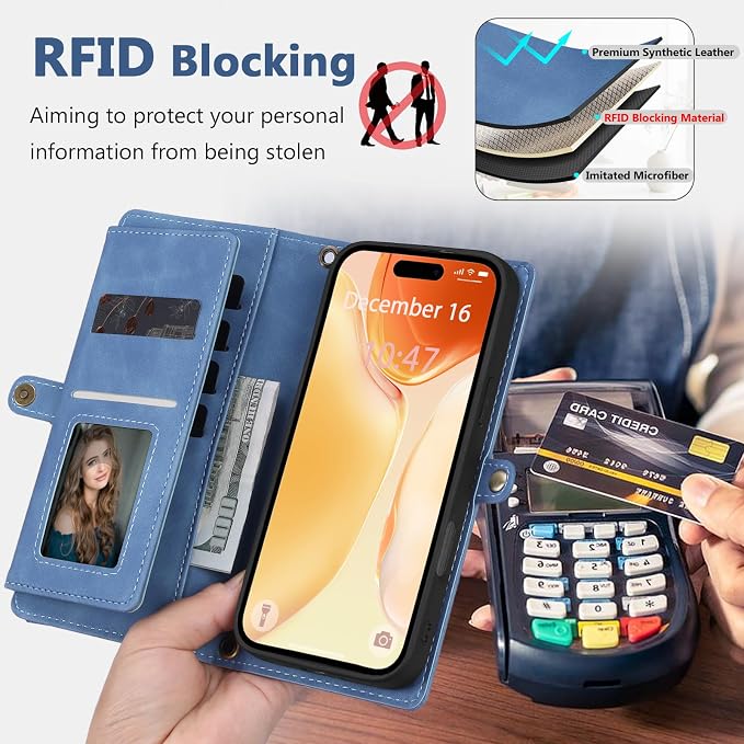 Wallet Case for iPhone 15 with Card Holder/Crossbody Wallet/Strap| RFID Blocking | Magnetic | Kickstand | Detachable | PU Leather Phone Case for iPhone 15,6.1 in,Sky Blue