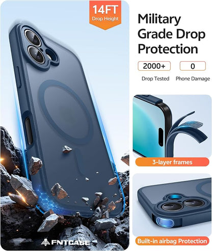 FNTCASE for iPhone 16 Case [Compatible with Magsafe] Translucent Matte Cases with [Screen Protector] Military Grade Shockproof Protective Phone Cover - Blue