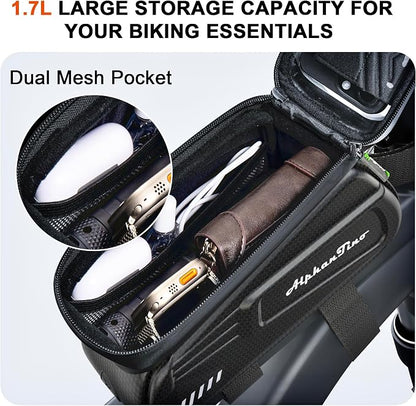 Bike Phone Holder Bag - Waterproof Hard Case Large Capacity Top Tube Front Frame Bicycle Pouch Cycling Mount, Bike Accessories, TPU Touch-Screen & Sun-Visor (Green ZIpper)