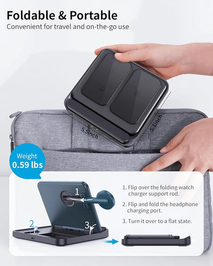 for Samsung Galaxy Z Fold 7 6 5 4 Wireless Charger Station, Foldable 3 in 1 Wireless Charging Stand for Z Flip7 S25 Ultra/Galaxy Watch/Galaxy Buds, Charger Stand Dock for Travel