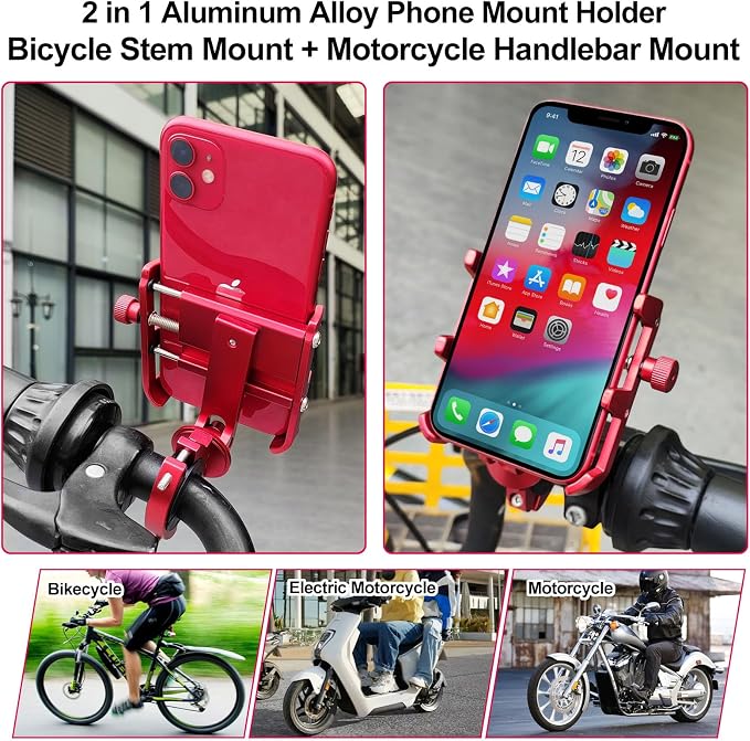 2 in 1 Aluminum Bicycle Phone Mount, Alloy Motorcycle Phone Holder, Fork/Road Mountain Bike MTB Stem Mounted or Handlebar Mounted, for iPhone Universal Smartphones 4-7inch (Black)