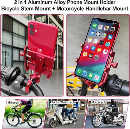 2 in 1 Aluminum Bicycle Phone Mount, Alloy Motorcycle Phone Holder, Fork/Road Mountain Bike MTB Stem Mounted or Handlebar Mounted, for iPhone Universal Smartphones 4-7inch (Black)