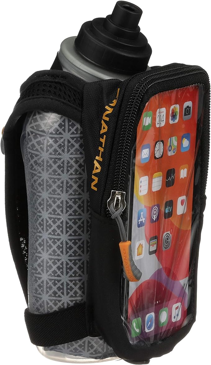 Nathan SpeedDraw 2 Insulated Handheld Running Water Bottle Flask 18oz – Double-Wall Insulation, Ergonomic Grip, Blast Valve Cap, Phone & Key Storage Pockets, Reflective Design