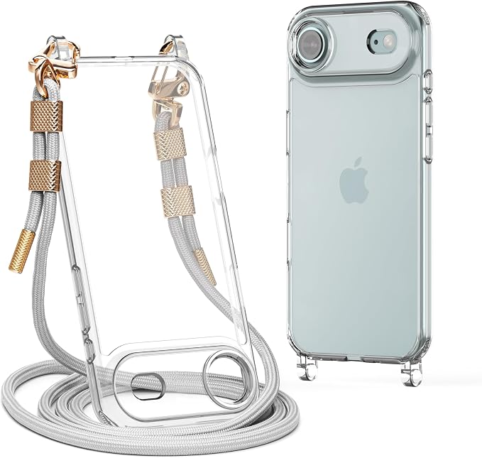 for iPhone 17 Air Case with Strap, Clear Shockproof Crossbody Phone Cover w/Removable Anti-Theft Adjustable Lanyard for Women, Travel, Shopping, Hiking (6.6", Grey)