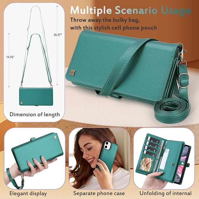 for Wallet Case Compatible with iPhone 11,Multi-Function Detachable 2 in 1 Magnetic iPhone 11 Wallet,Flip Strap Zipper Card Holder Phone Case with Shoulder Straps (Green)