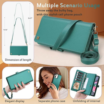for Wallet Case Compatible with iPhone 11,Multi-Function Detachable 2 in 1 Magnetic iPhone 11 Wallet,Flip Strap Zipper Card Holder Phone Case with Shoulder Straps (Green)