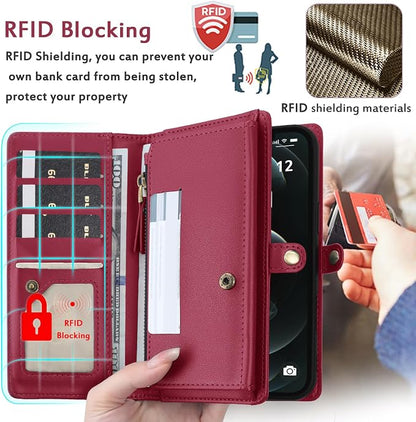 for Wallet Case Compatible with iPhone 12 Pro Max,Multi-Function Detachable 2 in 1 Magnetic iPhone 12 Pro Max Case Wallet,Flip Strap Zipper Card Holder Phone Case with Shoulder Straps (Red)