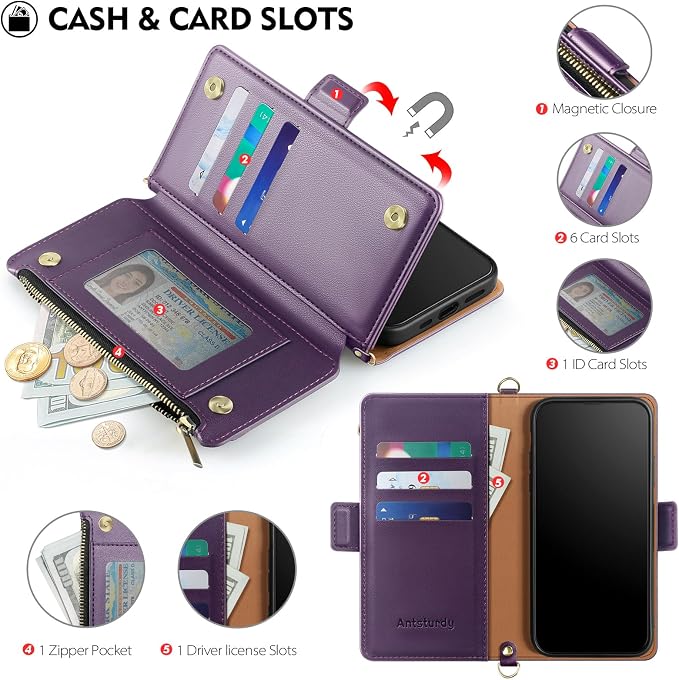 Antsturdy Compatible with iPhone 15 Wallet Case for Women【RFID Blocking】 Crossbody Phone Case PU Leather Zipper Wrist Strap Flip Protective Cover Credit Card Holder Slots,for Apple 15 6.1",Purple