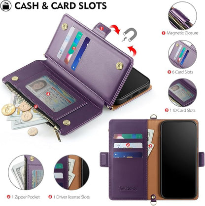 Antsturdy Compatible with iPhone 15 Wallet Case for Women【RFID Blocking】 Crossbody Phone Case PU Leather Zipper Wrist Strap Flip Protective Cover Credit Card Holder Slots,for Apple 15 6.1",Purple