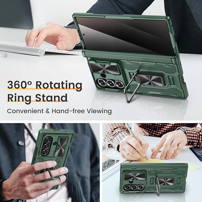 VEGO for Samsung Galaxy Z Fold 7 Case with Privacy Screen Protector,Green | Full-Body Case with Hinge Protection & Slide Lens Cover&Rotat Ring Stand Shockproof Hard Phone Case for Galaxy Z Fold7
