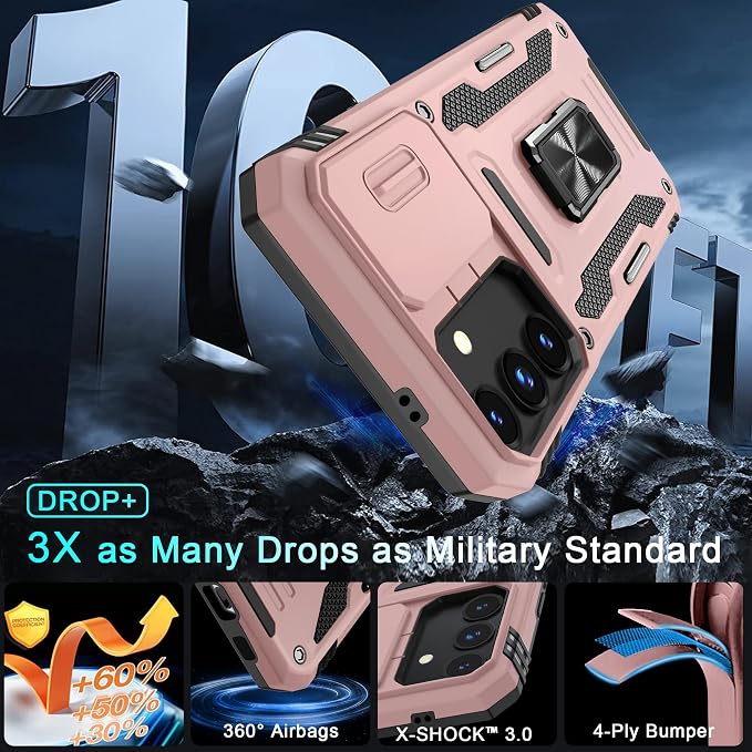 DEERLAMN Case for Samsung Galaxy S24 FE 6.7-Inch with Slide Camera Cover+Screen Protector(1 Pack), Rotated Ring Kickstand Military Grade Shockproof Protective Cover-Rose Gold