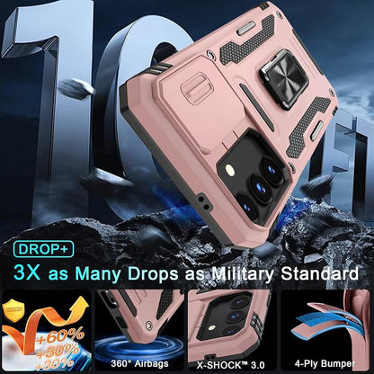 DEERLAMN Case for Samsung Galaxy S24 FE 6.7-Inch with Slide Camera Cover+Screen Protector(1 Pack), Rotated Ring Kickstand Military Grade Shockproof Protective Cover-Rose Gold