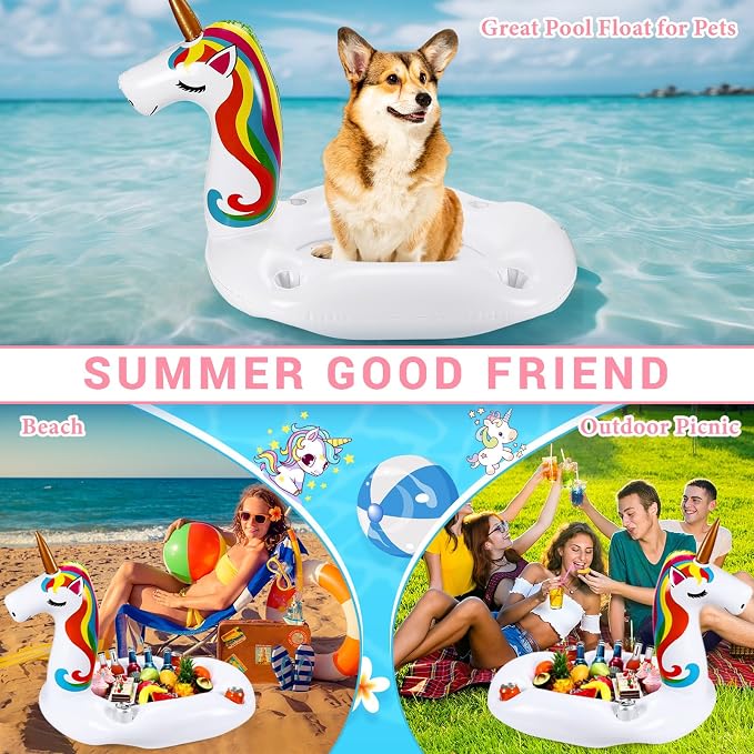 FillTouch Floating Drink Holder for Pool, Floating Cabana Bar, Hot Tub Drink Holder for Adults, Inflatable Pool Accessories(Rainbow Unicorn)